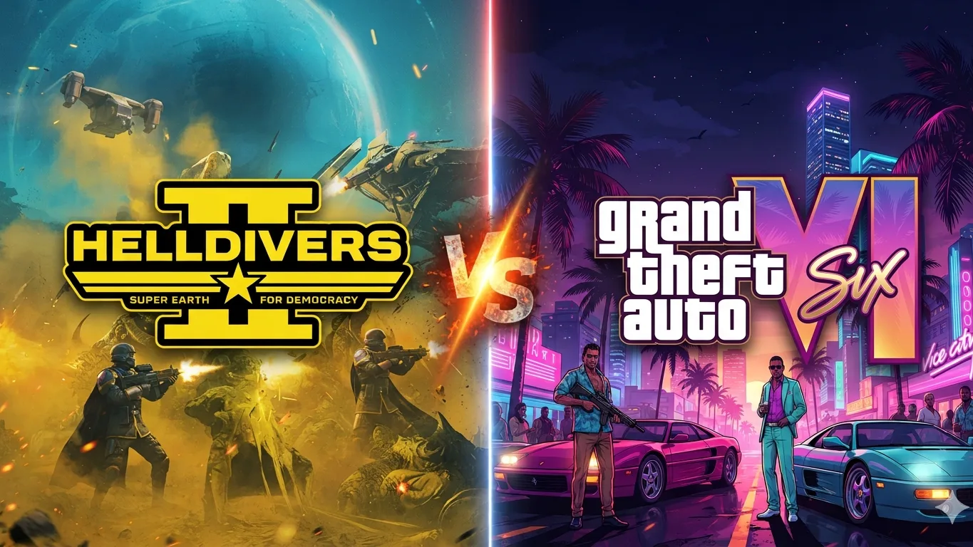 Comparación entre el logo de Helldivers 2 y el de GTA 6, ilustrando la competencia de lanzamientos en noviembre de 2026