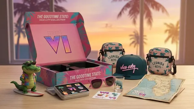 Caja de coleccionista The Goodtime State: Vice City Collection de GTA 6 con figura de Macca the Gator, lentes Oakley y mapa de Leonida
