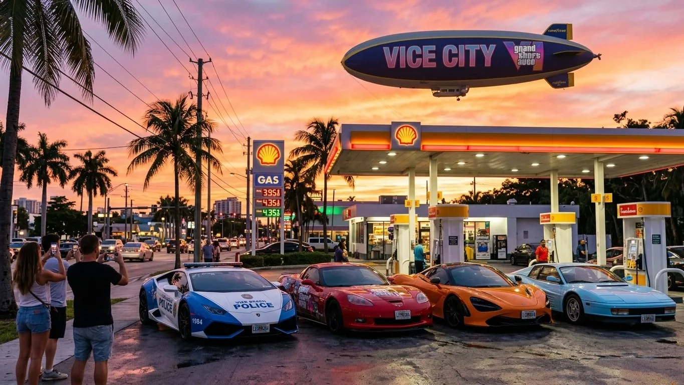 Convoy de autos de GTA 6 con placas de Leonida y un Lamborghini de la Vice Beach Police en una gasolinera de Miami