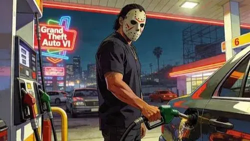 Personaje de GTA 6 cargando combustible en una estación de servicio de Vice City