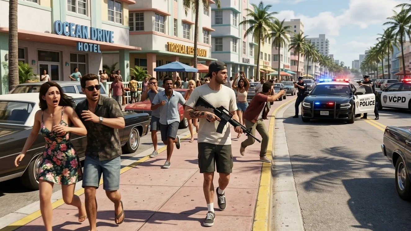 Jason sosteniendo un rifle en una calle de Vice City mientras varios NPCs reaccionan alejándose, ilustrando el nuevo sistema de reacciones de GTA 6