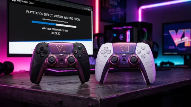 Mandos DualSense de edición limitada de GTA 6 en negro y blanco junto a una pantalla de cola virtual de PlayStation Direct