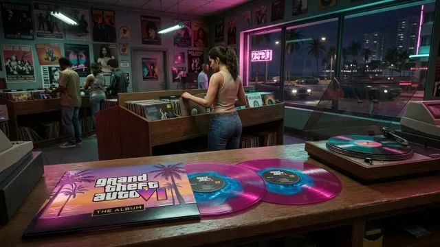 Portada de GTA VI: The Album con el atardecer de Vice City y un vinilo magenta relleno de líquido azul
