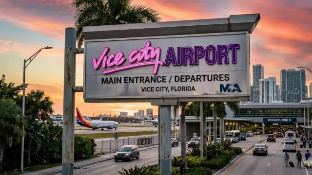 Señalización del Aeropuerto Internacional de Miami junto al logo de Vice City de GTA 6, ilustrando el debate sobre el rebranding propuesto