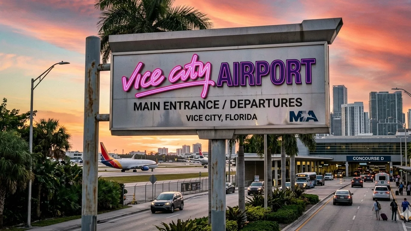 Señalización del Aeropuerto Internacional de Miami junto al logo de Vice City de GTA 6, ilustrando el debate sobre el rebranding propuesto