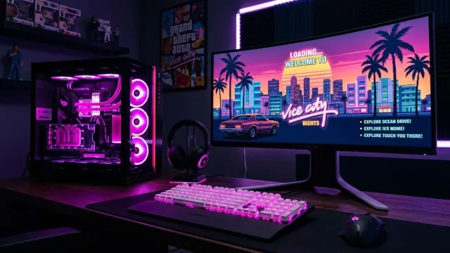 Setup gamer de PC con teclado y mouse iluminados en tonos neón, ilustrando la espera de los jugadores de PC por GTA 6