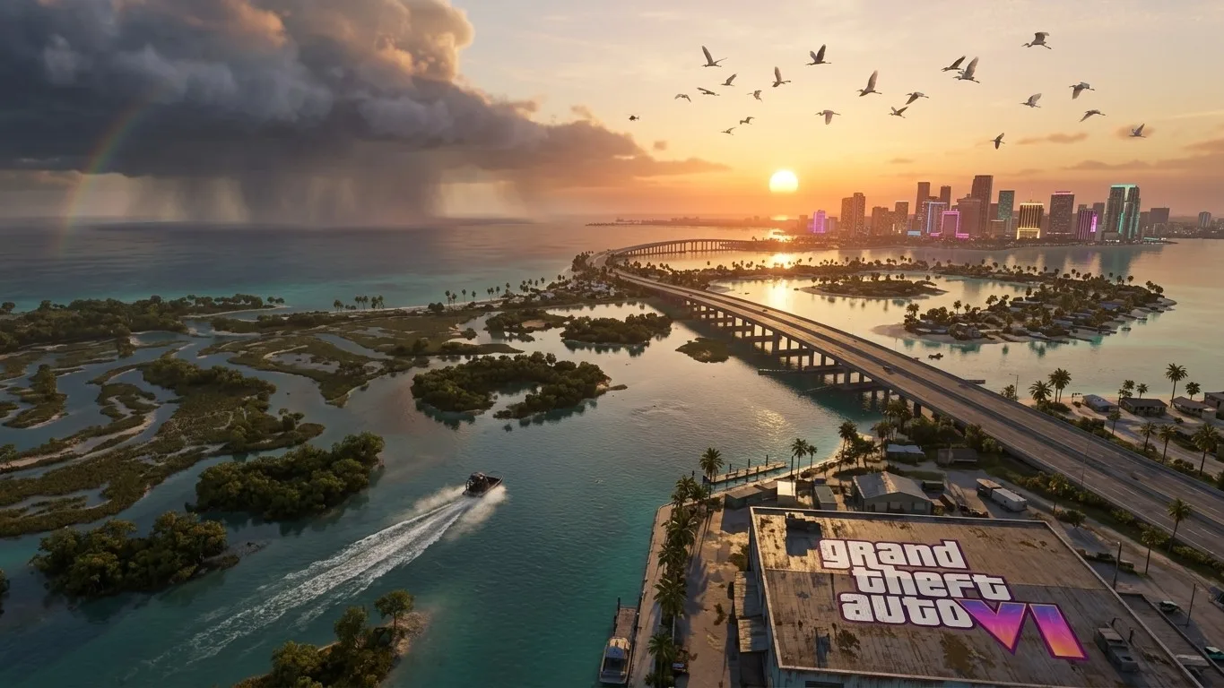 Vista aérea del mapa de GTA 6 con Vice City, los Cayos de Leonida y los pantanos de Grassrivers al atardecer